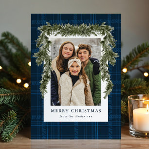 Rustic Blue Plaid Greenery Christmas 4 Photo Holiday Card