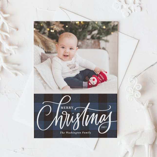 Rustic Blue Plaid Merry Christmas Photo Holiday Card (Creator Uploaded)