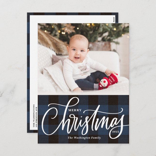 Rustic Blue Plaid Merry Christmas Photo Holiday Postcard (Front/Back)