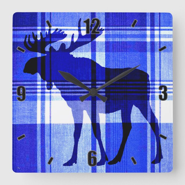 Rustic blue plaid moose wall clock (Front)