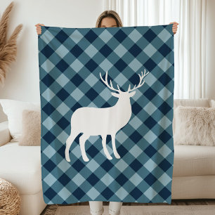 Rustic Blue Plaid White Stag Holiday Fleece Blanket
