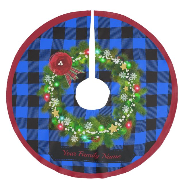 Rustic Blue Plaid, Wreath, Family Name Tree Skirt (Front)