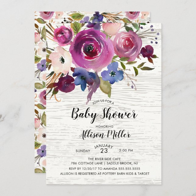 Rustic Blue Plum Floral Baby Shower Invitation (Front/Back)