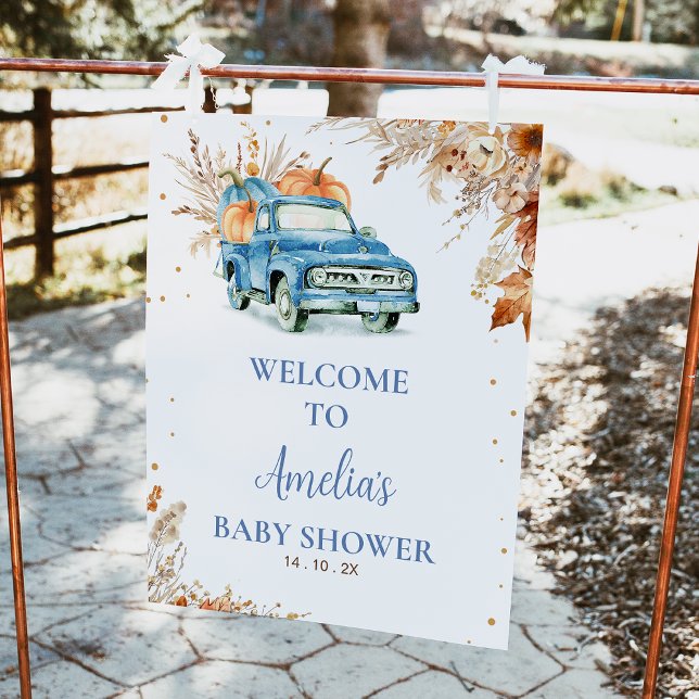 Rustic Blue Pumpkin Truck Baby Shower Welcome Sign (Little Pumpkin Baby Shower Welcome Sign, Blue Truck Fall Baby Shower Sign Autumn Pumpkin Truck )
