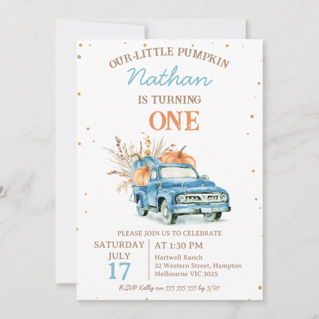 Rustic Blue Pumpkin Truck Fall 1st Birthday  Invitation (Front)