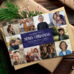 Rustic Blue Purple Christmas 10 Photos Collage Holiday Card<br><div class="desc">Make your holiday greetings truly special with our rustic inspired Christmas Card featuring 10 square photos to capture and share your cherished moments from the year. The vintage script on the front says Merry Christmas and the template allows you to personalise your card with three lines of custom text for...</div>