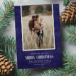 Rustic Blue Purple Winter Christmas Single Photo Holiday Card<br><div class="desc">This simple and rustic holiday design features your best portrait photo over a rustic paper texture in blue purple colour and the word "Merry Christmas" in vintage script text . Perfect for farmhouse style greeting cards. Easily add your best photo, your family names and year using the template. Add a...</div>
