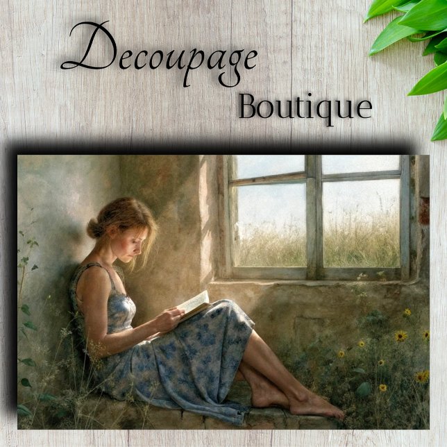 Rustic Blue Reading Lady cottage Decoupage Tissue Paper (Rustic Blue Reading Lady - cottage Decoupage Paper)