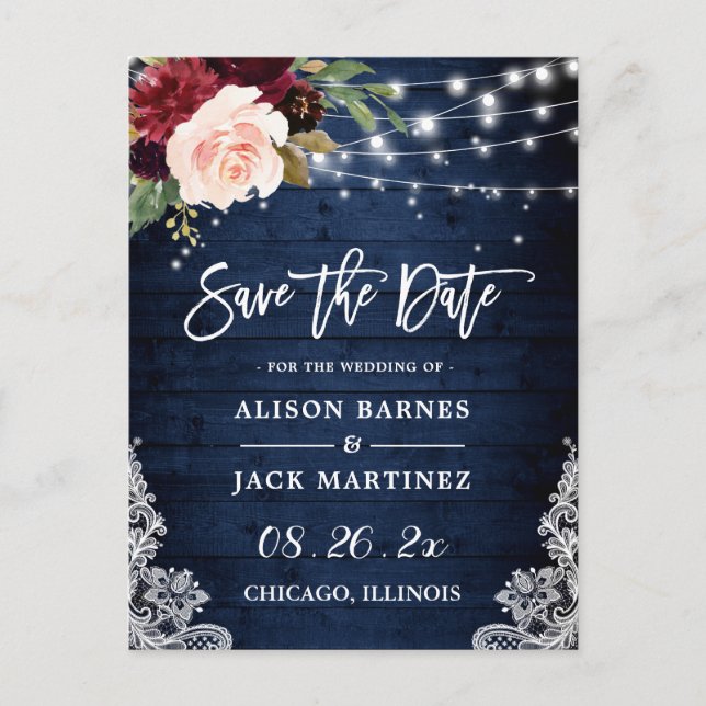 Rustic Blue Red Blush Floral Wedding Save the Date Postcard (Front)
