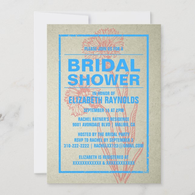Rustic Blue & Red Bridal Shower Invitations (Front)