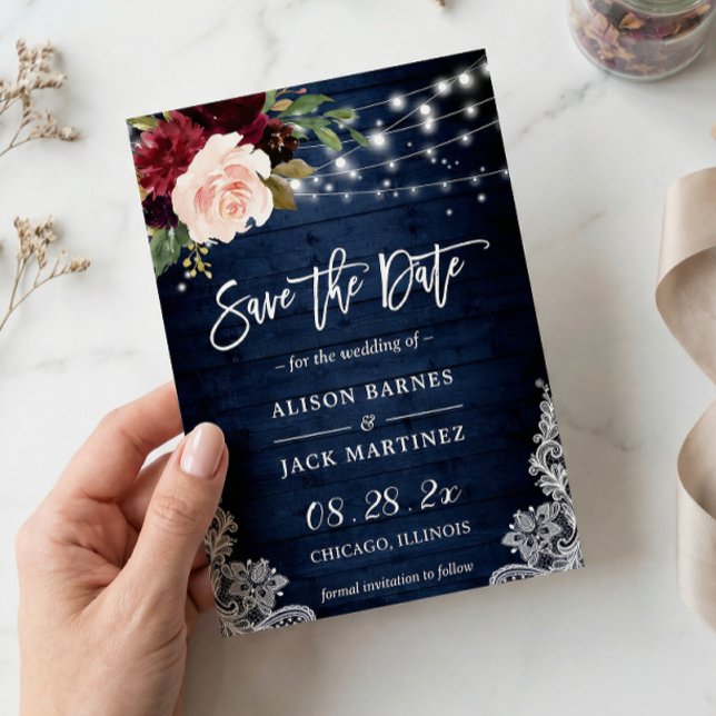 Rustic Blue Red Floral String Lights Wedding Save The Date (Creator Uploaded)