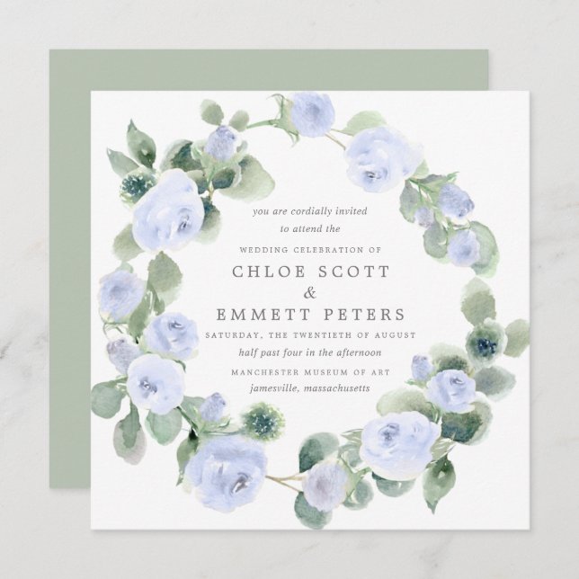 Rustic Blue Rose Floral Eucalyptus Wedding Invitation (Front/Back)