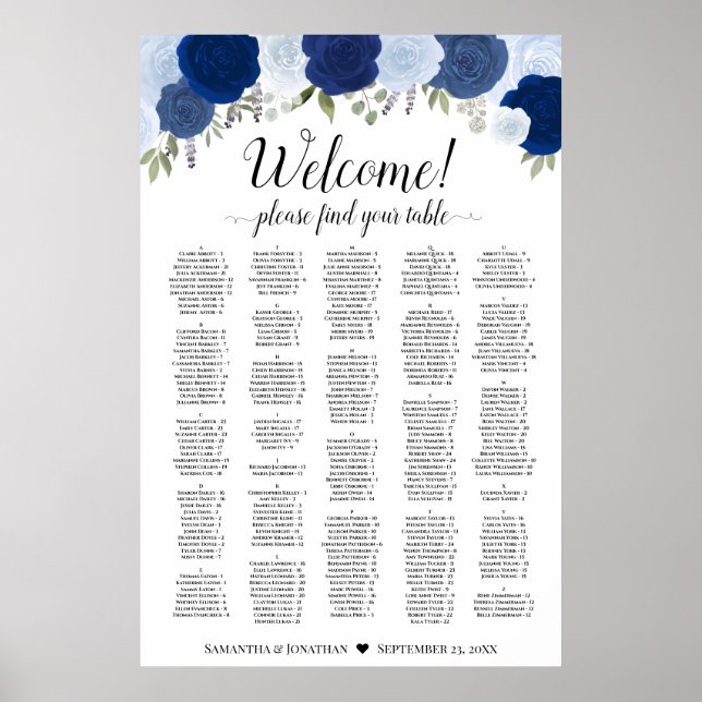 Rustic Blue Roses Alphabetical Seating Chart (Front)