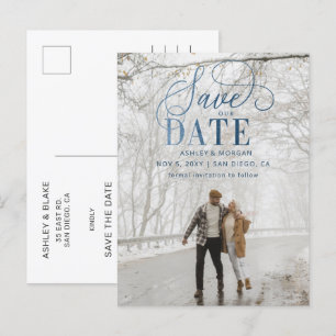 Rustic Blue Script Photo Save the Date Announcement Postcard
