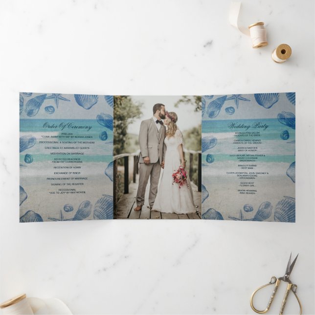 Rustic Blue Seashells Beach Wedding Photo  Tri-Fold Programme (Inside)