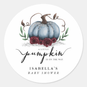 Rustic Blue Silver Pumpkin Baby Shower Favour Classic Round Sticker