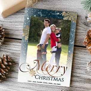 Rustic Blue Snowflakes Merry Christmas Photo Holiday Card