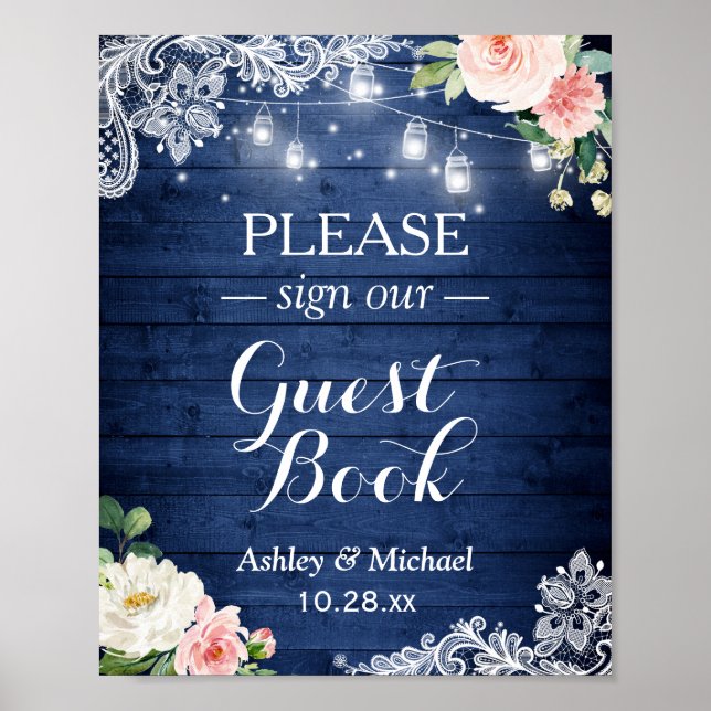 Rustic Blue String Lights Floral Sign Guestbook (Front)
