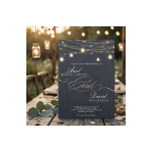 Rustic Blue String Lights Romantic Wedding Invitation