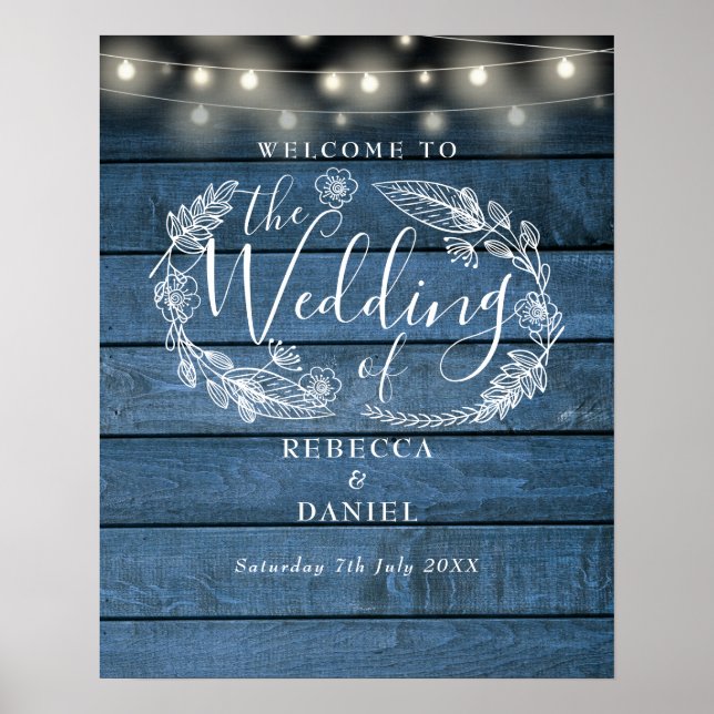 Rustic Blue String Lights Wedding Welcome Sign (Front)