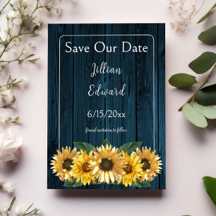 Rustic Blue Sunflower Save The Date Announcement