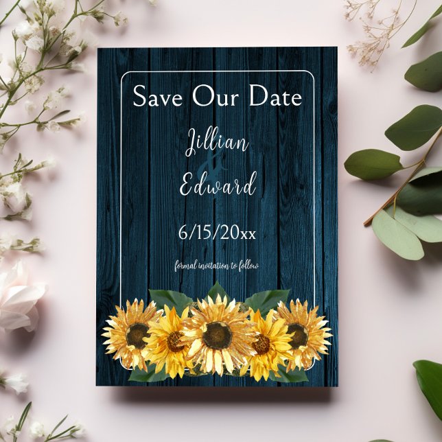 Rustic Blue Sunflower Save The Date Announcement (Rustic Blue Sunflower Save the Date)
