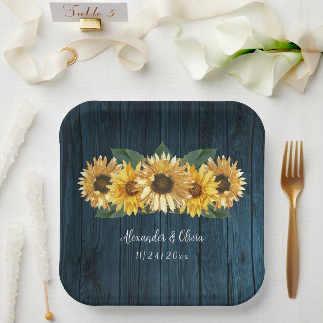 Rustic Blue Sunflower Wedding Paper Plates (Wedding)