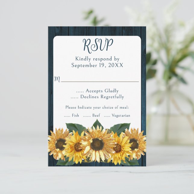 Rustic Blue Sunflower Wedding RSVP Card (Standing Front)