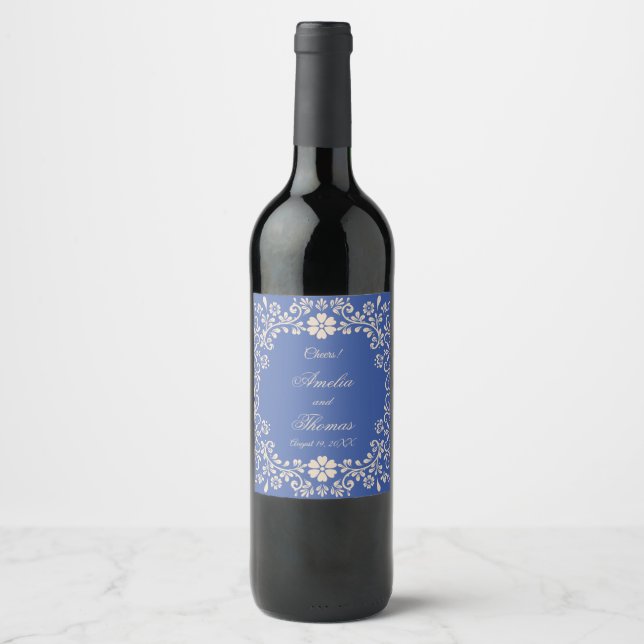 Rustic Blue Talavera Mexican Wedding  Wine Label (Front)