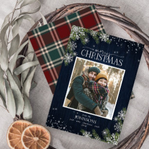 Rustic Blue Tartan Wood Merry Christmas Photo Holiday Card