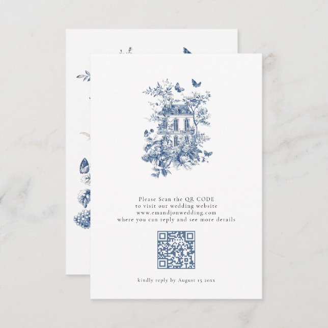 Rustic Blue Toile De Jouy QR Code Wedding RSVP Card (Front/Back)