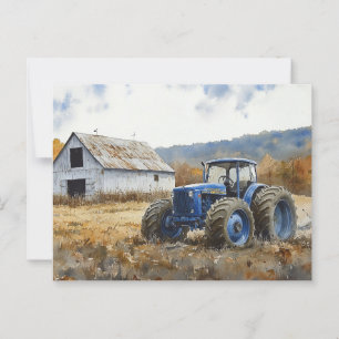 Rustic Blue Tractor White Barn Watercolor Postcard