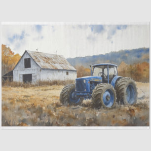 Rustic Blue Tractor White Barn Watercolor Tissue Paper