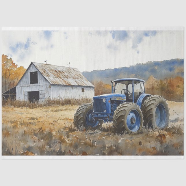 Rustic Blue Tractor White Barn Watercolor Tissue Paper (Front)