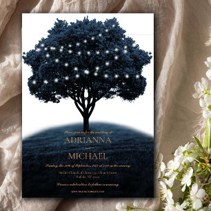 Rustic Blue Tree String Lights Wedding Invitation