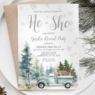Rustic Blue Truck Forest Pine Trees Gender Reveal Invitation