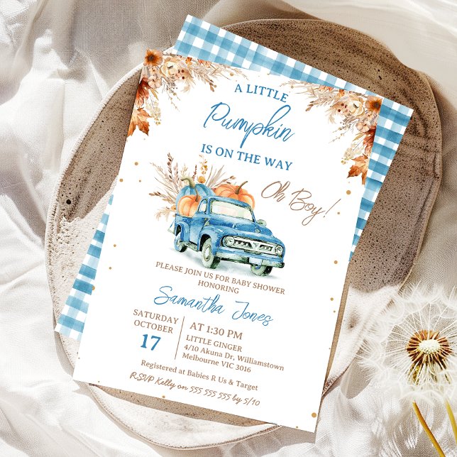 Rustic Blue Truck Little Pumpkin Baby Shower  Invitation (Boy Fall Little Pumpkin Baby Shower Invitation, Blue Pumpkin Truck Baby Shower Invite, Brown Foliage)