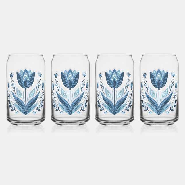Rustic Blue Tulip Flower Folk Art Botanical Design Can Glass (Front)