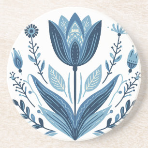 Rustic Blue Tulip Flower Folk Art Botanical Design Coaster