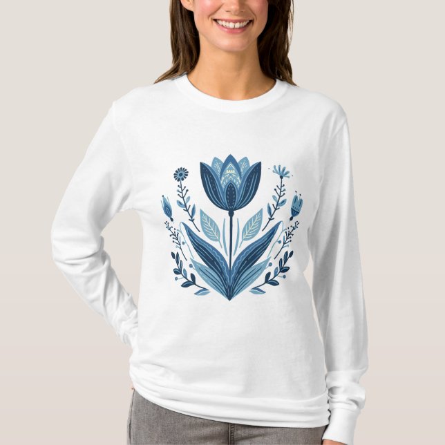 Rustic Blue Tulip Flower Folk Art Botanical Design T-Shirt (Front)