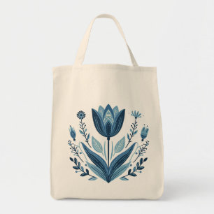 Rustic Blue Tulip Flower Folk Art Botanical Design Tote Bag