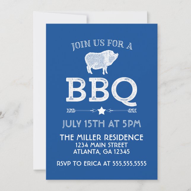 Rustic Blue Vintage BBQ Party Invitation (Front)