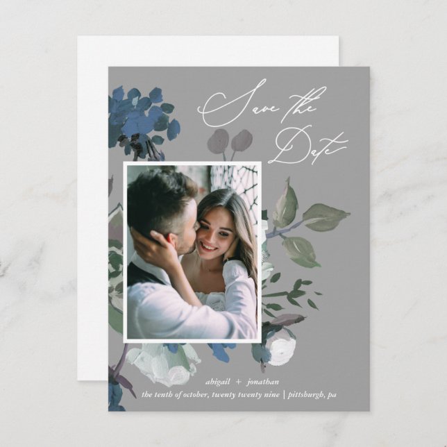 Rustic Blue Watercolor Bouquet Save the Date Invitation Postcard (Front/Back)