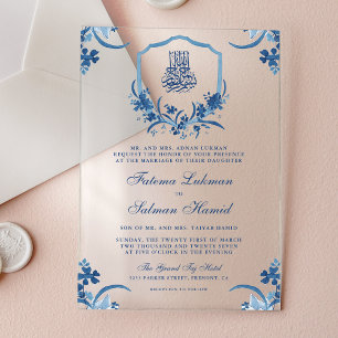 Rustic Blue Watercolor Floral Crest Muslim Wedding Acrylic Invitations