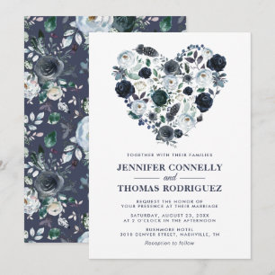 Rustic Blue Watercolor Floral Heart Wedding Invitation