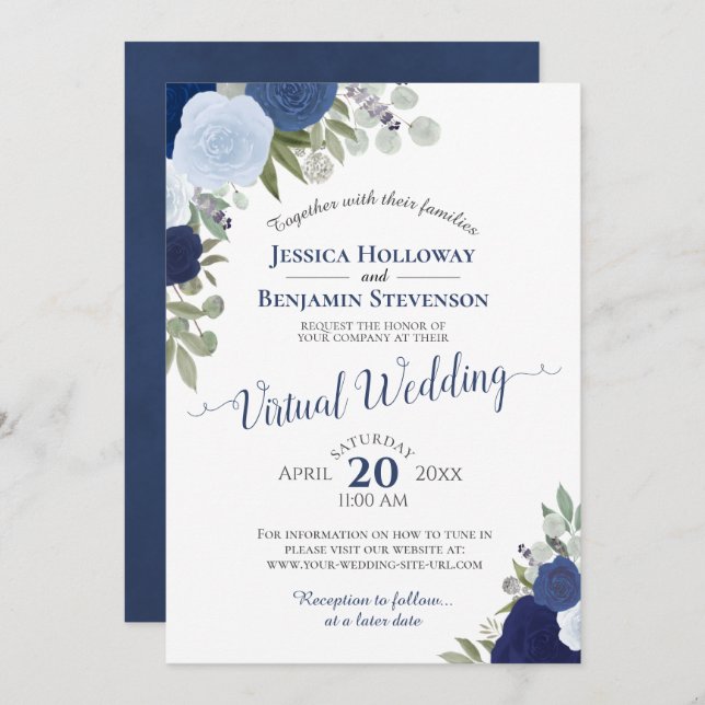Rustic Blue Watercolor Floral Virtual Wedding Invitation (Front/Back)
