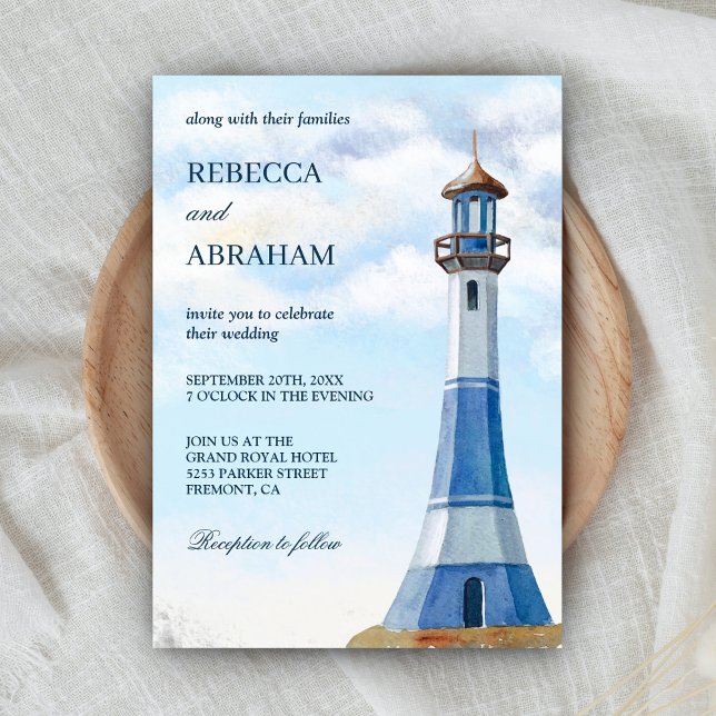 Rustic Blue Watercolor Lighthouse Nautical Wedding Invitation (Creator Uploaded)