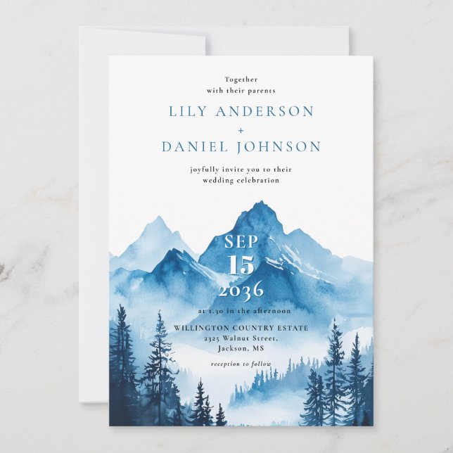 Rustic Blue Watercolor Mountain QR Code Wedding Invitation (Front)