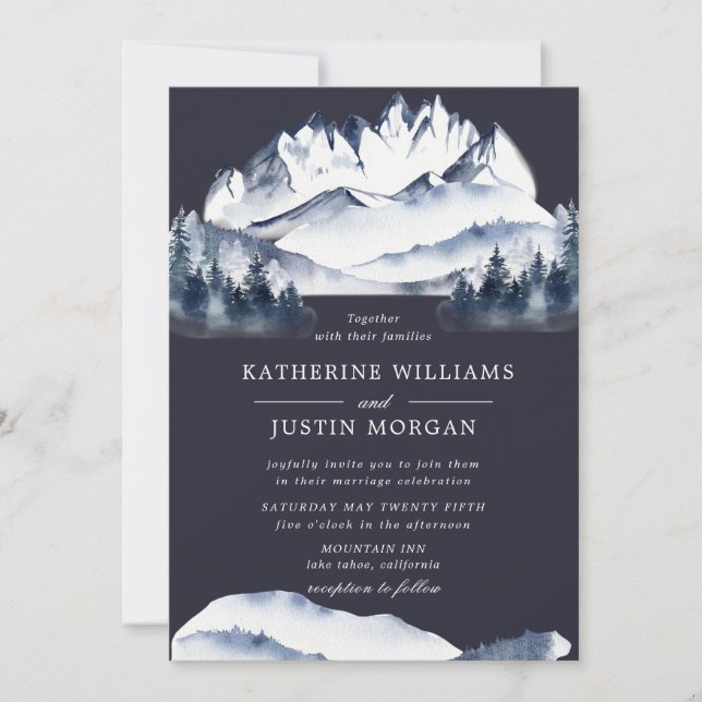 Rustic Blue Watercolor Mountain Wedding Invitation (Front)
