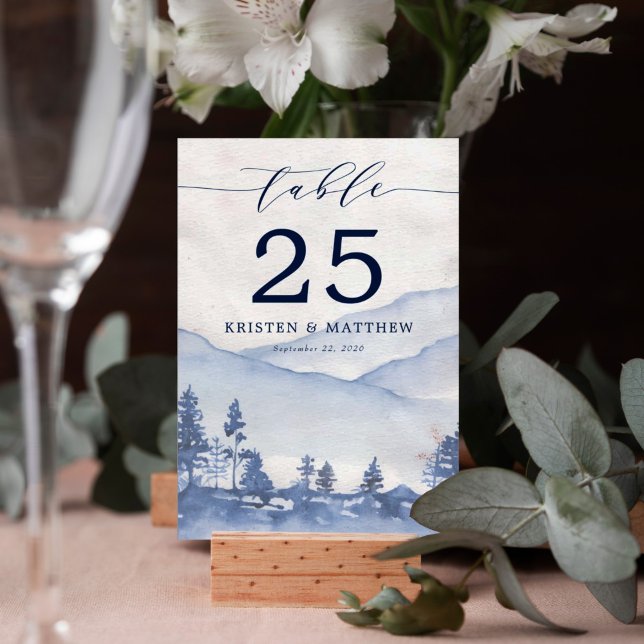 Rustic Blue Watercolor Mountain Wedding Table Number (True romance blossoms on your special day with our Blue Mountain Watercolor Wedding Table Numbers.)